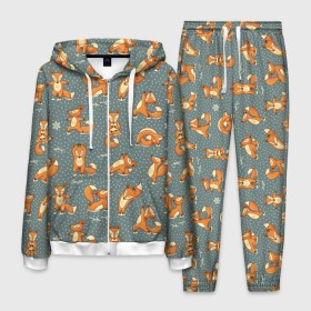 Мужской костюм 3D с принтом Foxes yoga в городе Новоалтайск, 100% полиэстер | Манжеты и пояс оформлены тканевой резинкой, двухслойный капюшон со шнурком для регулировки, карманы спереди | fitness | fox | yoga | йога | лис | лиса | лисенок | фитнесс