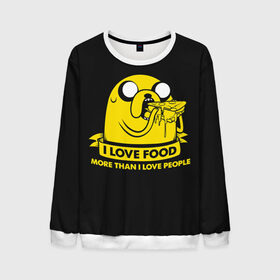 Мужской свитшот 3D с принтом Джейк Пес - I love food в городе Новоалтайск, 100% полиэстер с мягким внутренним слоем | круглый вырез горловины, мягкая резинка на манжетах и поясе, свободная посадка по фигуре | adventure time | dog | jake | время приключений | джейк | джейк пес | еда | люблю еду | люблю поесть | магический кулак | мульсериал | пицца | собака | собачка | финн