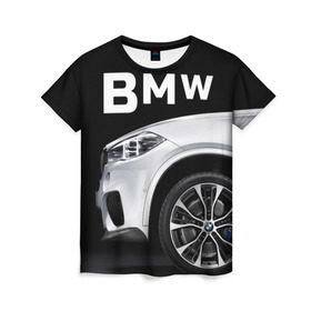 Женская футболка 3D с принтом BMW белая в городе Новоалтайск, 100% полиэфир ( синтетическое хлопкоподобное полотно) | прямой крой, круглый вырез горловины, длина до линии бедер | bmw | x3 x4 x5 x6 x7 x8 | авто | автомобиль | блатная | бмв | бумер | бэха | иномарка | концерн | красивая | крутая | марка немецкая | машина | пацанский таз | прикольная | тачила | тачка