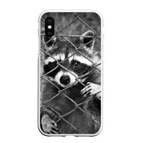 Чехол для iPhone XS Max матовый Енот за решеткой: в городе Новоалтайск, Силикон | Область печати: задняя сторона чехла, без боковых панелей | барсук | добрый | енот | животное | зверек | зверь | красивый | крошка | милое | милый | полоски серые | полоскун | прикольный | природа | скунс | усатый | фауна | флора | хищник | черный | шерсть