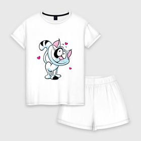 Женская пижама с шортиками хлопок с принтом Котик в городе Новоалтайск, 100% хлопок | футболка прямого кроя, шорты свободные с широкой мягкой резинкой | кот | котик | кошка | лето