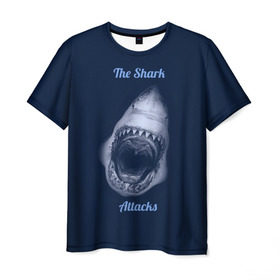Мужская футболка 3D с принтом the shark attacks в городе Новоалтайск, 100% полиэфир | прямой крой, круглый вырез горловины, длина до линии бедер | Тематика изображения на принте: shark | акула | глубина | зубы | море | океан | пасть | укус | хищник
