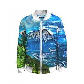 Детский бомбер 3D с принтом Snowy mountains в городе Новоалтайск, 100% полиэстер | застегивается на молнию, по бокам два кармана без застежек, мягкие манжеты, по низу бомбера и на воротнике — эластичная резинка | 