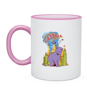 Кружка двухцветная с принтом Catzilla в городе Новоалтайск, керамика | объем — 330 мл, диаметр — 80 мм. Цветная ручка и кайма сверху, в некоторых цветах — вся внутренняя часть | годзилла | город | кот | кошка | монстр | нло
