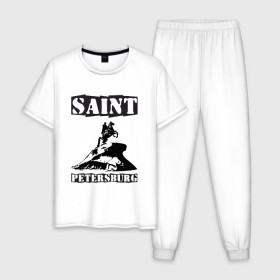 Мужская пижама хлопок с принтом Санкт-Петербург. Петр I в городе Новоалтайск, 100% хлопок | брюки и футболка прямого кроя, без карманов, на брюках мягкая резинка на поясе и по низу штанин
 | saint petersburg | петербург | петр 1 | петр i | питер | санкт петербург