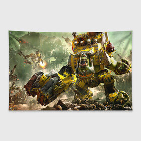 Флаг-баннер с принтом WH40k warboss в городе Новоалтайск, 100% полиэстер | размер 67 х 109 см, плотность ткани — 95 г/м2; по краям флага есть четыре люверса для крепления | dawn | eldar | war | warhammer | wh | wh40k | вархаммер | ваха | эльдар | эльдары
