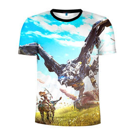 Мужская футболка 3D спортивная с принтом HZD 7 в городе Новоалтайск, 100% полиэстер с улучшенными характеристиками | приталенный силуэт, круглая горловина, широкие плечи, сужается к линии бедра | Тематика изображения на принте: dawn | horizon | zero | робот