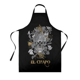 Фартук 3D с принтом El Chapo в городе Новоалтайск, 100% полиэстер | общий размер — 65 х 85 см, ширина нагрудника — 26 см, горловина — 53 см, длина завязок — 54 см, общий обхват в поясе — 173 см. Принт на завязках и на горловине наносится с двух сторон, на основной части фартука — только с внешней стороны | el chapo | глаза | скелет | тату | цветы | череп