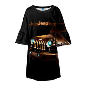 Детское платье 3D с принтом Jeep в городе Новоалтайск, 100% полиэстер | прямой силуэт, чуть расширенный к низу. Круглая горловина, на рукавах — воланы | Тематика изображения на принте: brand | car | chrysler | jeep | logo | usa | автомобиль | джип | крайслер | логотип | марка | сша