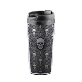 Термокружка-непроливайка с принтом Black Milk - Skulls - Черепа в городе Новоалтайск, внутренняя часть — пищевой пластик, наружная часть — прозрачный пластик, между ними — полиграфическая вставка с рисунком | объем — 350 мл, герметичная крышка | black milk | metall | pattern | rock | skulls | патерн | узор | череп | черепа | черная