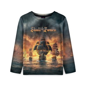 Детский лонгслив 3D с принтом Skull and Bones в городе Новоалтайск, 100% полиэстер | длинные рукава, круглый вырез горловины, полуприлегающий силуэт
 | игра | корабль | кости | море | огонь | пират | пламя | череп