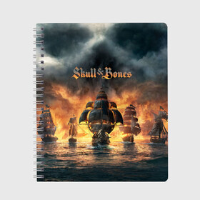 Тетрадь с принтом Skull and Bones в городе Новоалтайск, 100% бумага | 48 листов, плотность листов — 60 г/м2, плотность картонной обложки — 250 г/м2. Листы скреплены сбоку удобной пружинной спиралью. Уголки страниц и обложки скругленные. Цвет линий — светло-серый
 | игра | корабль | кости | море | огонь | пират | пламя | череп