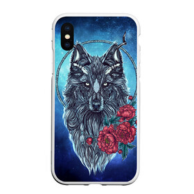 Чехол для iPhone XS Max матовый с принтом Волк с цветами в городе Новоалтайск, Силикон | Область печати: задняя сторона чехла, без боковых панелей | арт | волк | космос | пионы | цветы