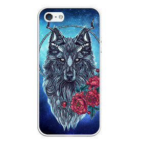 Чехол для iPhone 5/5S матовый с принтом Волк с цветами в городе Новоалтайск, Силикон | Область печати: задняя сторона чехла, без боковых панелей | арт | волк | космос | пионы | цветы