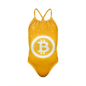 Детский купальник 3D с принтом Bitcoin - Биткоин в городе Новоалтайск, Полиэстер 85%, Спандекс 15% | Слитный крой, подклад по переду изделия, узкие бретели | Тематика изображения на принте: bitcoin | ethereum | litecoin | биткоин | интернет | крипта | криптовалюта | лайткоин | майнинг | технологии | эфир