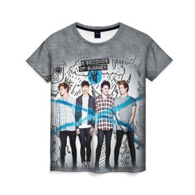 Женская футболка 3D с принтом 5 Seconds of Summer в городе Новоалтайск, 100% полиэфир ( синтетическое хлопкоподобное полотно) | прямой крой, круглый вырез горловины, длина до линии бедер | 5 seconds of summer | 5 sos | 5 секунд лета | 5sos