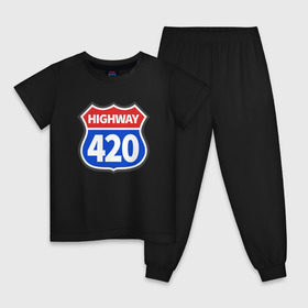 Детская пижама хлопок с принтом HIGHWAY 420 в городе Новоалтайск, 100% хлопок |  брюки и футболка прямого кроя, без карманов, на брюках мягкая резинка на поясе и по низу штанин
 | 420 | bob marley | bong | buds | high way | highway | joint | smoke | weed | боб марли | бонг | бошки | джоинт | косяк