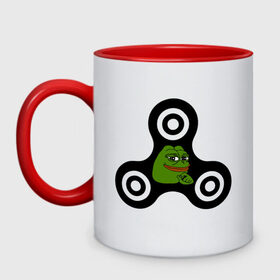 Кружка двухцветная с принтом Frog spinner в городе Новоалтайск, керамика | объем — 330 мл, диаметр — 80 мм. Цветная ручка и кайма сверху, в некоторых цветах — вся внутренняя часть | Тематика изображения на принте: pepe | spinner | антиспиннер | вейп | вейпер | вертушка | лягушка | мем | пепе | спиннер