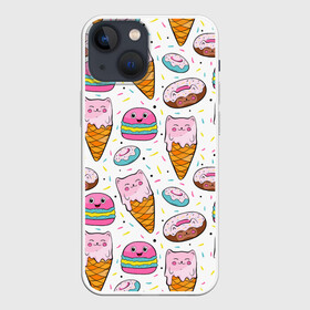 Чехол для iPhone 13 mini с принтом Сладкие котики в городе Новоалтайск,  |  | Тематика изображения на принте: конфетти | котики | мороженое | пломбир | пончики | рожок