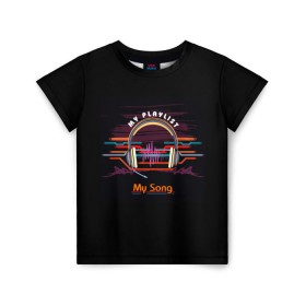 Детская футболка 3D с принтом My Playlist в городе Новоалтайск, 100% гипоаллергенный полиэфир | прямой крой, круглый вырез горловины, длина до линии бедер, чуть спущенное плечо, ткань немного тянется | Тематика изображения на принте: 3d | beats | club | dance | music | playlist | pop | retro | song | sound | бас | колонки | музыка | ретро | эквалайзер