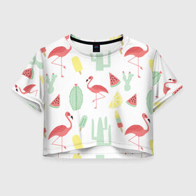 Женская футболка 3D укороченная с принтом Flamingo print в городе Новоалтайск, 100% полиэстер | круглая горловина, длина футболки до линии талии, рукава с отворотами | animals | beautiful | blue | color | cute | nature | sea | water | wild | белое | вода | голубое | животные | красивое | красота | милое | море | морское | природа | птица | птицы | птичка | птички | синее | цвет | чёрное | яркое