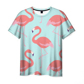 Мужская футболка 3D с принтом Flamingos pattern в городе Новоалтайск, 100% полиэфир | прямой крой, круглый вырез горловины, длина до линии бедер | animals | beautiful | bird | birds | birdy | blue | color | flamingo | nature | wild | белое | голубое | животные | красивое | красота | милое | природа | птица | птицы | птичка | птички | синее | фламинго | цвет | яркое