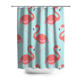 Штора 3D для ванной с принтом Flamingos pattern в городе Новоалтайск, 100% полиэстер | плотность материала — 100 г/м2. Стандартный размер — 146 см х 180 см. По верхнему краю — пластиковые люверсы для креплений. В комплекте 10 пластиковых колец | animals | beautiful | bird | birds | birdy | blue | color | flamingo | nature | wild | белое | голубое | животные | красивое | красота | милое | природа | птица | птицы | птичка | птички | синее | фламинго | цвет | яркое