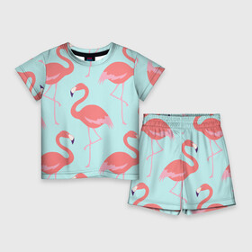 Детский костюм с шортами 3D с принтом Flamingos pattern в городе Новоалтайск,  |  | Тематика изображения на принте: animals | beautiful | bird | birds | birdy | blue | color | flamingo | nature | wild | белое | голубое | животные | красивое | красота | милое | природа | птица | птицы | птичка | птички | синее | фламинго | цвет | яркое