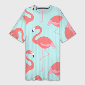 Платье-футболка 3D с принтом Flamingos pattern в городе Новоалтайск,  |  | animals | beautiful | bird | birds | birdy | blue | color | flamingo | nature | wild | белое | голубое | животные | красивое | красота | милое | природа | птица | птицы | птичка | птички | синее | фламинго | цвет | яркое
