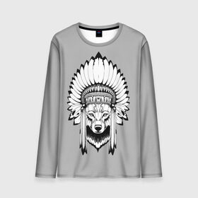 Мужской лонгслив 3D с принтом Indian wolf в городе Новоалтайск, 100% полиэстер | длинные рукава, круглый вырез горловины, полуприлегающий силуэт | indian | wolf | волк | голова животного | индеец | перья