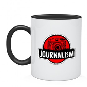 Кружка двухцветная с принтом Journalism в городе Новоалтайск, керамика | объем — 330 мл, диаметр — 80 мм. Цветная ручка и кайма сверху, в некоторых цветах — вся внутренняя часть | tv | ведущий | газета | журналист | журналиста | журналистка | лого | парк юрского периода | пресса | прикол | профессия | рамка | тв | теле | телевидение | фотик | фотоаппарат