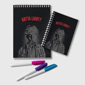 Блокнот с принтом Gotta light? в городе Новоалтайск, 100% бумага | 48 листов, плотность листов — 60 г/м2, плотность картонной обложки — 250 г/м2. Листы скреплены удобной пружинной спиралью. Цвет линий — светло-серый
 | 3 сезон | twin peaks | вынос мозга | дэвид линч | огоньку | совы не то чем кажутся | твин пикс | утоли жажду и уходи | это вода а это колодец