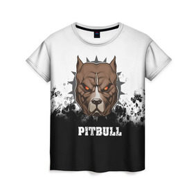 Женская футболка 3D с принтом Pitbull в городе Новоалтайск, 100% полиэфир ( синтетическое хлопкоподобное полотно) | прямой крой, круглый вырез горловины, длина до линии бедер | 3d | dog | pitbull | абстракция | животные | краска | собака | черно белый