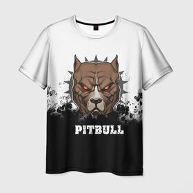 Мужская футболка 3D с принтом Pitbull в городе Новоалтайск, 100% полиэфир | прямой крой, круглый вырез горловины, длина до линии бедер | 3d | dog | pitbull | абстракция | животные | краска | собака | черно белый