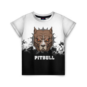 Детская футболка 3D с принтом Pitbull в городе Новоалтайск, 100% гипоаллергенный полиэфир | прямой крой, круглый вырез горловины, длина до линии бедер, чуть спущенное плечо, ткань немного тянется | Тематика изображения на принте: 3d | dog | pitbull | абстракция | животные | краска | собака | черно белый