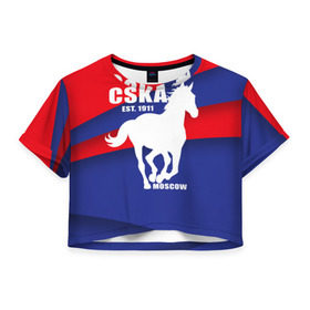 Женская футболка 3D укороченная с принтом CSKA est. 1911 в городе Новоалтайск, 100% полиэстер | круглая горловина, длина футболки до линии талии, рукава с отворотами | Тематика изображения на принте: армейцы | болельщик | кони | красно синие | фанат | футбол | футболист | цска