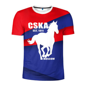 Мужская футболка 3D спортивная с принтом CSKA est. 1911 в городе Новоалтайск, 100% полиэстер с улучшенными характеристиками | приталенный силуэт, круглая горловина, широкие плечи, сужается к линии бедра | Тематика изображения на принте: армейцы | болельщик | кони | красно синие | фанат | футбол | футболист | цска