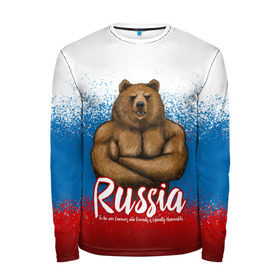 Мужской лонгслив 3D с принтом Russian Bear в городе Новоалтайск, 100% полиэстер | длинные рукава, круглый вырез горловины, полуприлегающий силуэт | bear | russia | медведь | патриотическая | россия | русский медведь | триколор | флаг рф