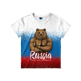 Детская футболка 3D с принтом Russian Bear в городе Новоалтайск, 100% гипоаллергенный полиэфир | прямой крой, круглый вырез горловины, длина до линии бедер, чуть спущенное плечо, ткань немного тянется | Тематика изображения на принте: bear | russia | медведь | патриотическая | россия | русский медведь | триколор | флаг рф
