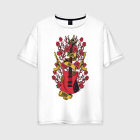Женская футболка хлопок Oversize с принтом GunsnRoses в городе Новоалтайск, 100% хлопок | свободный крой, круглый ворот, спущенный рукав, длина до линии бедер
 | guitar | gun | guns | music | rock | rose | roses | гитара | музыка | пистолет | розы | рок