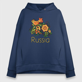 Женское худи Oversize хлопок с принтом Россия - наша страна в городе Новоалтайск, френч-терри — 70% хлопок, 30% полиэстер. Мягкий теплый начес внутри —100% хлопок | боковые карманы, эластичные манжеты и нижняя кромка, капюшон на магнитной кнопке | russia | патриотизм | россия