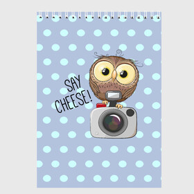 Скетчбук с принтом Say CHEESE! в городе Новоалтайск, 100% бумага
 | 48 листов, плотность листов — 100 г/м2, плотность картонной обложки — 250 г/м2. Листы скреплены сверху удобной пружинной спиралью | 3d | арт | горошек | животное | кружочек | надпись | птицы | сова | текстура