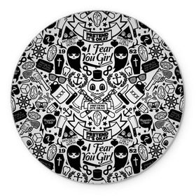 Коврик круглый с принтом Tokyo Tattoo Sticker Bomb в городе Новоалтайск, резина и полиэстер | круглая форма, изображение наносится на всю лицевую часть | Тематика изображения на принте: casual | design | pattern | ray ban | skull | street | texture | urban | дизайн | индеец | мода | очки | повтор | принт | стикербомб | стикеры | тату | текстура | узор | улица | хулиган | череп | шляпа