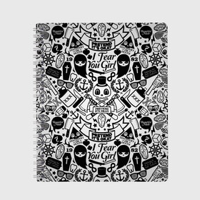 Тетрадь с принтом Tokyo Tattoo Sticker Bomb в городе Новоалтайск, 100% бумага | 48 листов, плотность листов — 60 г/м2, плотность картонной обложки — 250 г/м2. Листы скреплены сбоку удобной пружинной спиралью. Уголки страниц и обложки скругленные. Цвет линий — светло-серый
 | casual | design | pattern | ray ban | skull | street | texture | urban | дизайн | индеец | мода | очки | повтор | принт | стикербомб | стикеры | тату | текстура | узор | улица | хулиган | череп | шляпа