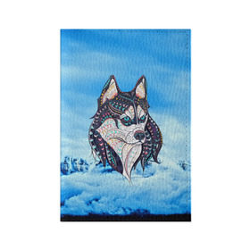 Обложка для паспорта матовая кожа с принтом Siberian Husky в городе Новоалтайск, натуральная матовая кожа | размер 19,3 х 13,7 см; прозрачные пластиковые крепления | at | bowwow | dog | hound | pooch | арт | гончая | гончая собака | горы | деревья | лес | снег | собака | хаски | холод