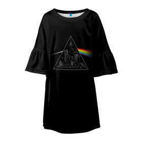 Детское платье 3D с принтом Pink Floyd Make Rainbow в городе Новоалтайск, 100% полиэстер | прямой силуэт, чуть расширенный к низу. Круглая горловина, на рукавах — воланы | Тематика изображения на принте: англия | басы | британия | гитара | группа | логотип | музыка | песни | пинк флойд | призма | радуга | рок | свет