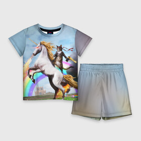 Детский костюм с шортами 3D с принтом Кот на Единороге в городе Новоалтайск,  |  | Тематика изображения на принте: радуга