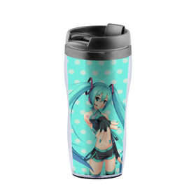 Термокружка-непроливайка с принтом Hatsune Miku в городе Новоалтайск, внутренняя часть — пищевой пластик, наружная часть — прозрачный пластик, между ними — полиграфическая вставка с рисунком | объем — 350 мл, герметичная крышка | Тематика изображения на принте: anime | hatsune miku | vokaloid | аниме | арт | вокалоид | девyшка | хатсуне мику