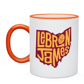 Кружка двухцветная с принтом Lebron James в городе Новоалтайск, керамика | объем — 330 мл, диаметр — 80 мм. Цветная ручка и кайма сверху, в некоторых цветах — вся внутренняя часть | Тематика изображения на принте: 