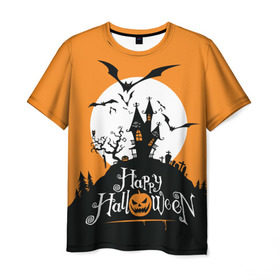 Мужская футболка 3D с принтом Happy Halloween в городе Новоалтайск, 100% полиэфир | прямой крой, круглый вырез горловины, длина до линии бедер | Тематика изображения на принте: cemetery | corpse | flying | forest | gallows | halloween | happy | holiday | house | mice | moon | night | owl | pumpkin | silhouette | tree | виселица | дерево | дом | кладбище | ле | летучие | луна | мертвец | мыши | ночь | праздник | силуэт | сова | с